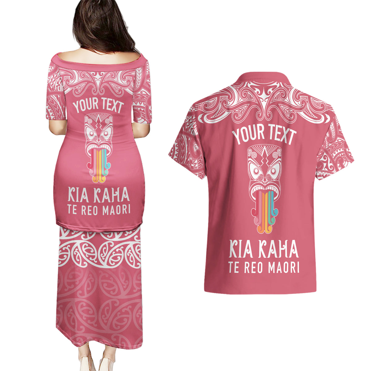personalised-kia-kaha-te-reo-maori-couples-matching-puletasi-dress-and-hawaiian-shirt-hei-tiki-mix-koru-pink
