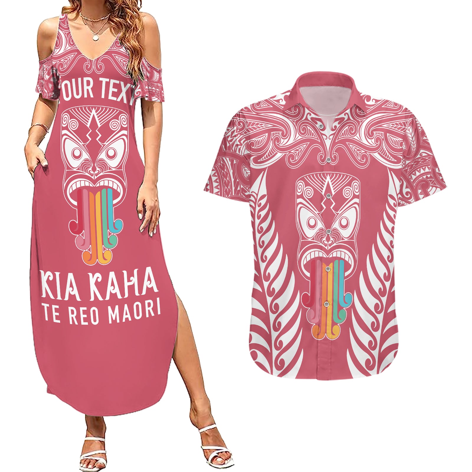 personalised-kia-kaha-te-reo-maori-couples-matching-summer-maxi-dress-and-hawaiian-shirt-hei-tiki-mix-koru-pink