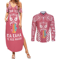 personalised-kia-kaha-te-reo-maori-couples-matching-summer-maxi-dress-and-long-sleeve-button-shirts-hei-tiki-mix-koru-pink