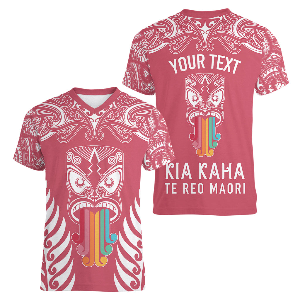 personalised-kia-kaha-te-reo-maori-women-v-neck-t-shirt-hei-tiki-mix-koru-pink