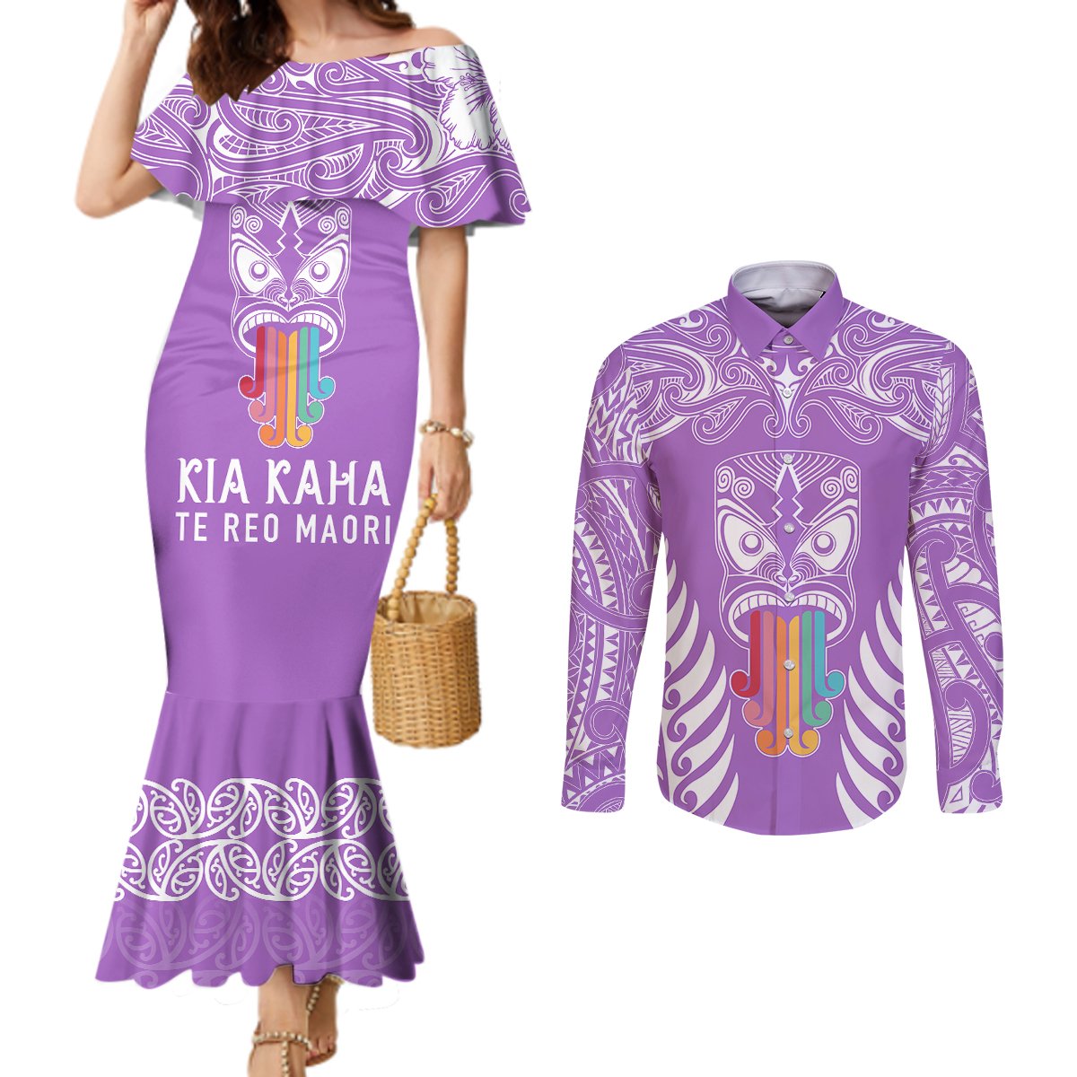 personalised-kia-kaha-te-reo-maori-couples-matching-mermaid-dress-and-long-sleeve-button-shirts-hei-tiki-mix-koru-purple