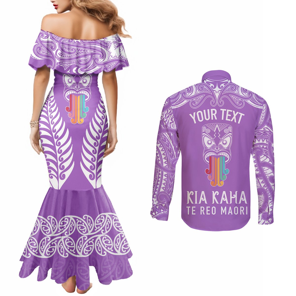 personalised-kia-kaha-te-reo-maori-couples-matching-mermaid-dress-and-long-sleeve-button-shirts-hei-tiki-mix-koru-purple