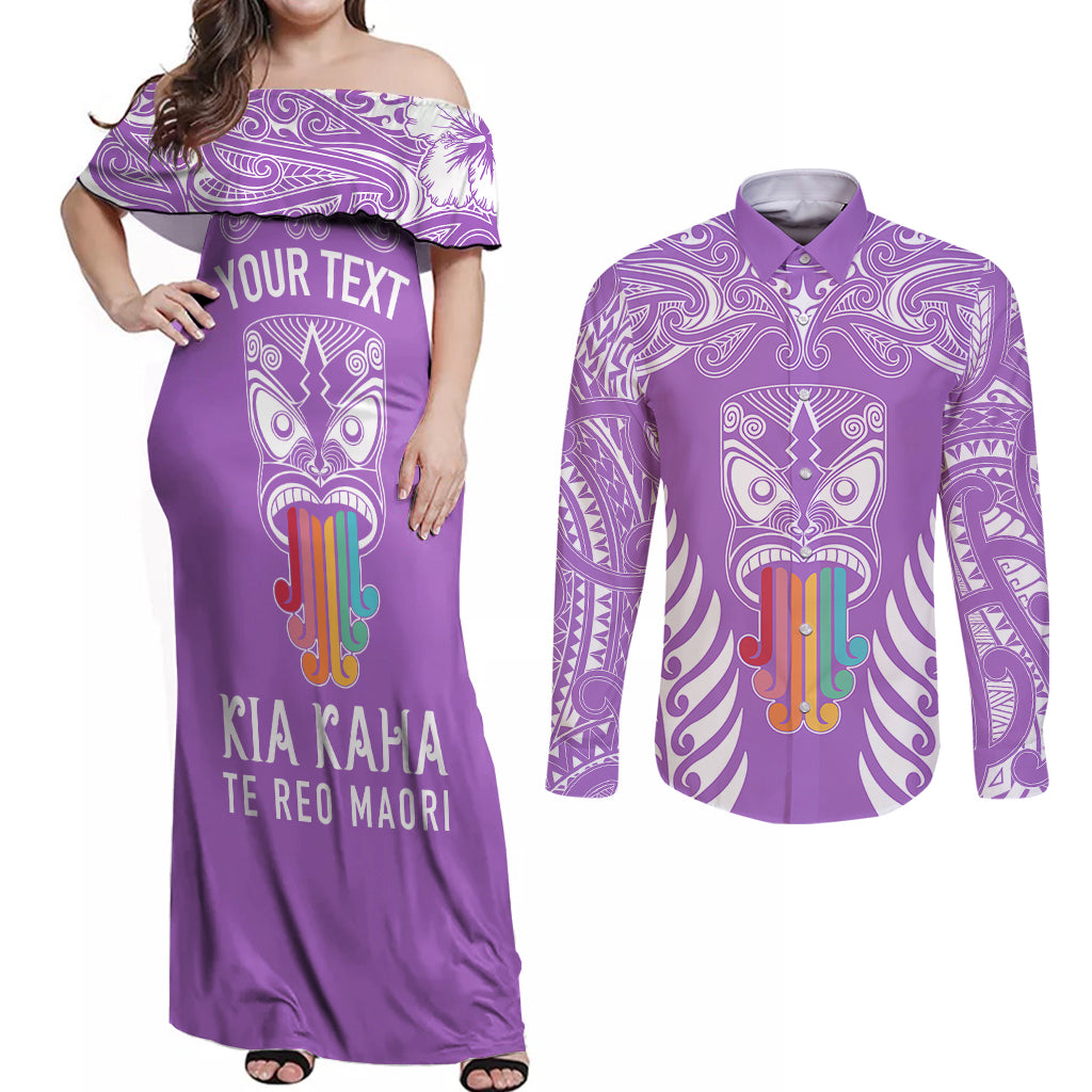 personalised-kia-kaha-te-reo-maori-couples-matching-off-shoulder-maxi-dress-and-long-sleeve-button-shirts-hei-tiki-mix-koru-purple