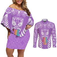 personalised-kia-kaha-te-reo-maori-couples-matching-off-shoulder-short-dress-and-long-sleeve-button-shirts-hei-tiki-mix-koru-purple