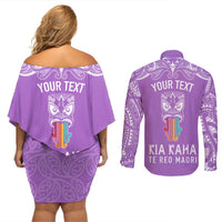 personalised-kia-kaha-te-reo-maori-couples-matching-off-shoulder-short-dress-and-long-sleeve-button-shirts-hei-tiki-mix-koru-purple