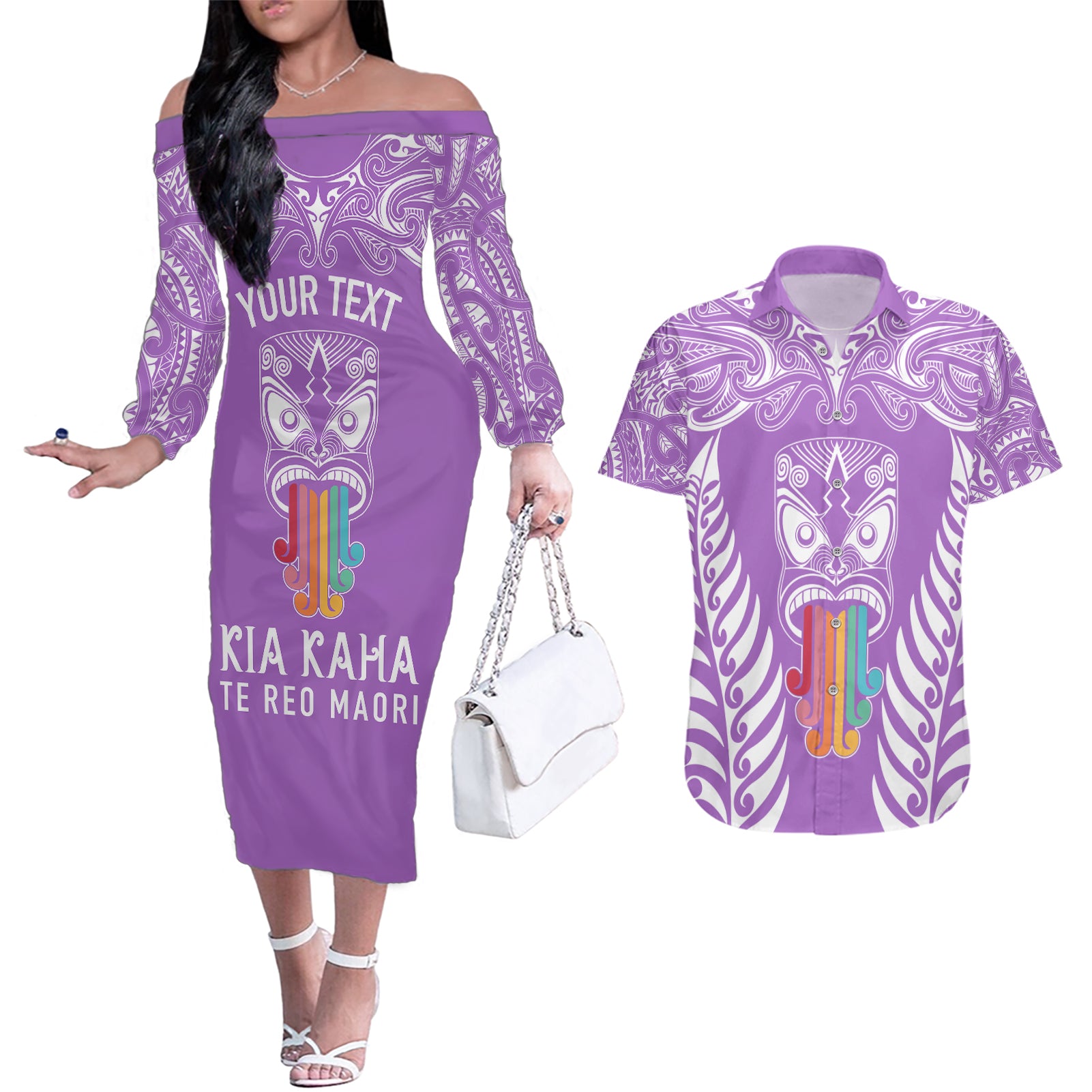 personalised-kia-kaha-te-reo-maori-couples-matching-off-the-shoulder-long-sleeve-dress-and-hawaiian-shirt-hei-tiki-mix-koru-purple