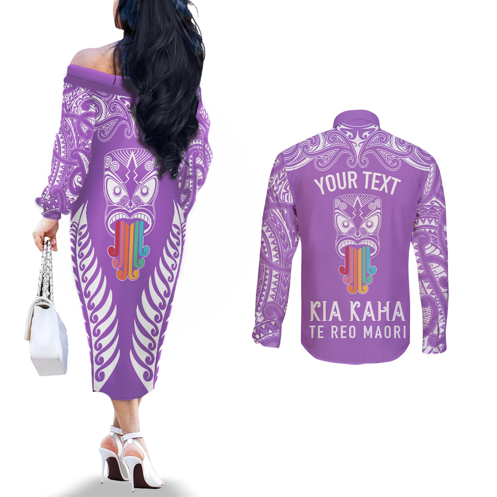 personalised-kia-kaha-te-reo-maori-couples-matching-off-the-shoulder-long-sleeve-dress-and-long-sleeve-button-shirts-hei-tiki-mix-koru-purple