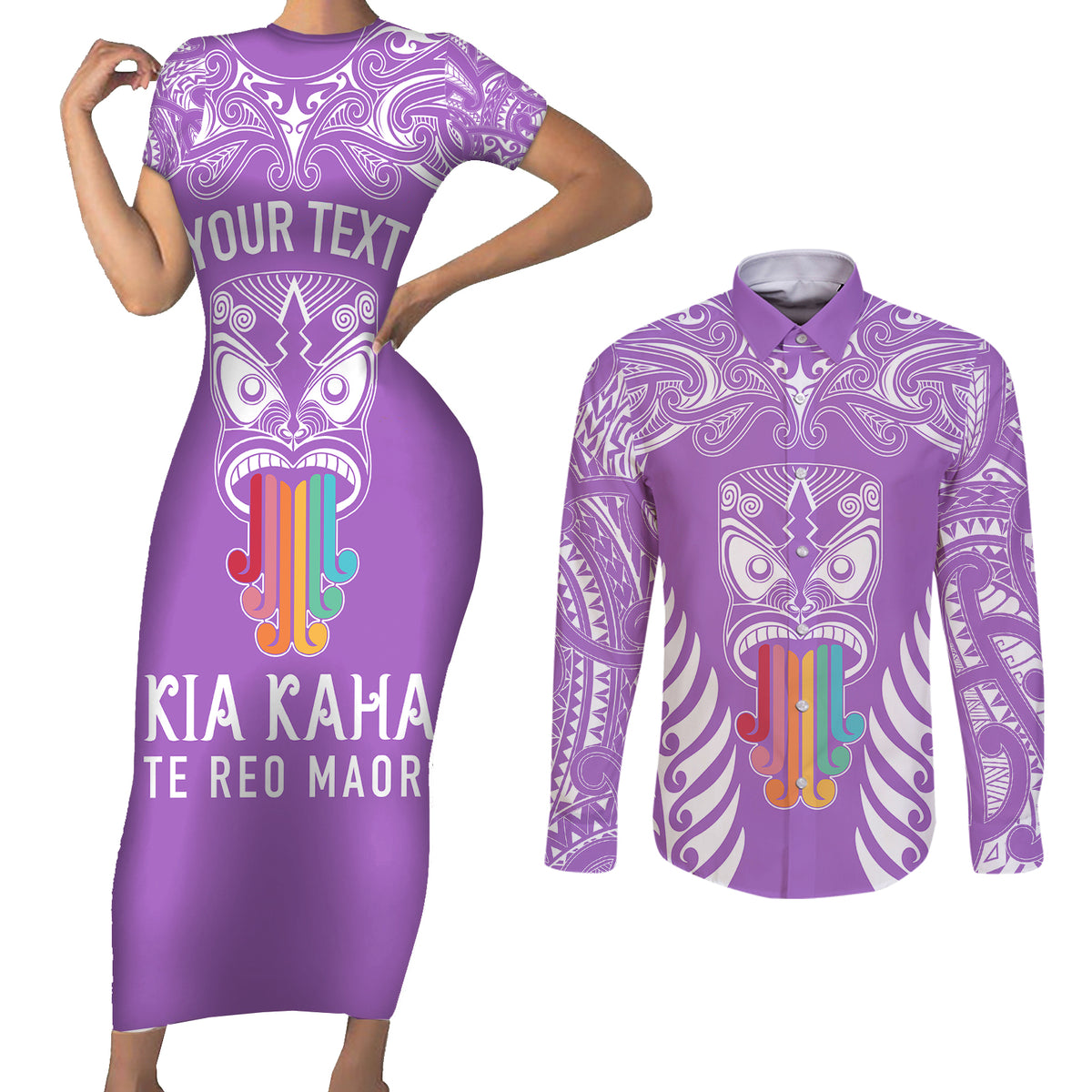 personalised-kia-kaha-te-reo-maori-couples-matching-short-sleeve-bodycon-dress-and-long-sleeve-button-shirts-hei-tiki-mix-koru-purple