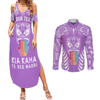 personalised-kia-kaha-te-reo-maori-couples-matching-summer-maxi-dress-and-long-sleeve-button-shirts-hei-tiki-mix-koru-purple