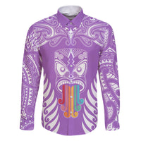 Personalised Kia Kaha Te Reo Maori Family Matching Puletasi Dress and Hawaiian Shirt Hei Tiki Mix Koru - Purple LT7 Dad's Shirt - Long Sleeve Purple - Polynesian Pride