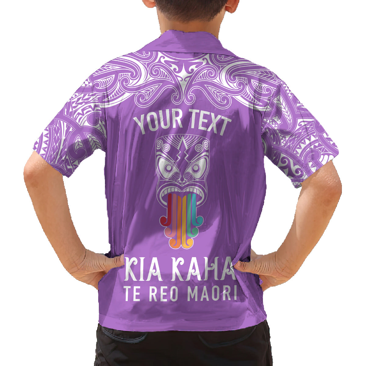 personalised-kia-kaha-te-reo-maori-kid-hawaiian-shirt-hei-tiki-mix-koru-purple
