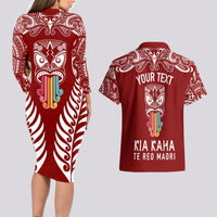 personalised-kia-kaha-te-reo-maori-couples-matching-long-sleeve-bodycon-dress-and-hawaiian-shirt-hei-tiki-mix-koru-red