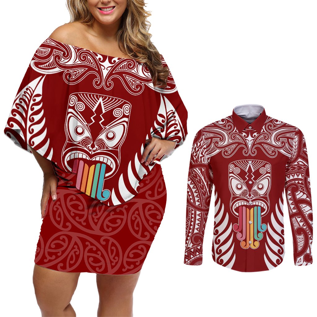 personalised-kia-kaha-te-reo-maori-couples-matching-off-shoulder-short-dress-and-long-sleeve-button-shirts-hei-tiki-mix-koru-red