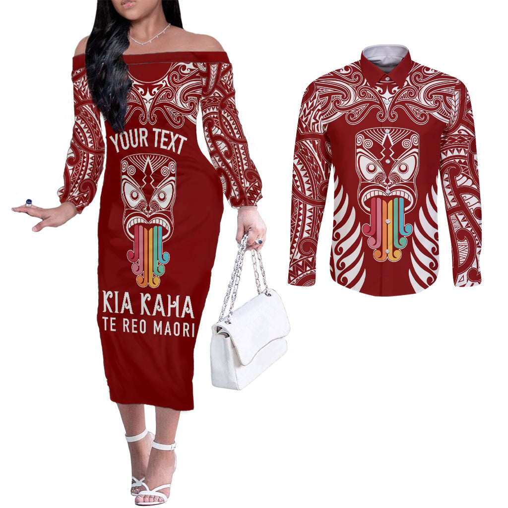 personalised-kia-kaha-te-reo-maori-couples-matching-off-the-shoulder-long-sleeve-dress-and-long-sleeve-button-shirts-hei-tiki-mix-koru-red