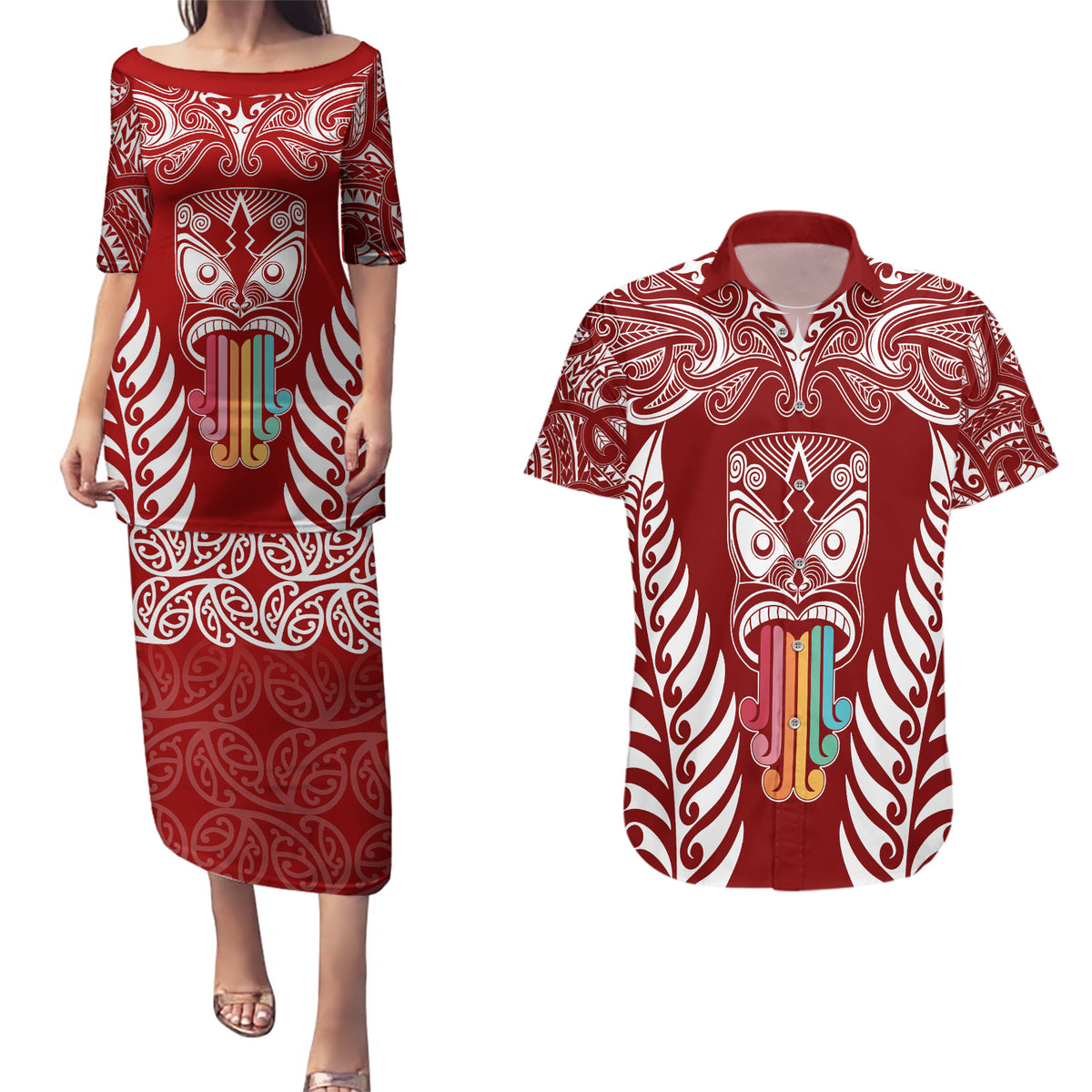 personalised-kia-kaha-te-reo-maori-couples-matching-puletasi-dress-and-hawaiian-shirt-hei-tiki-mix-koru-red