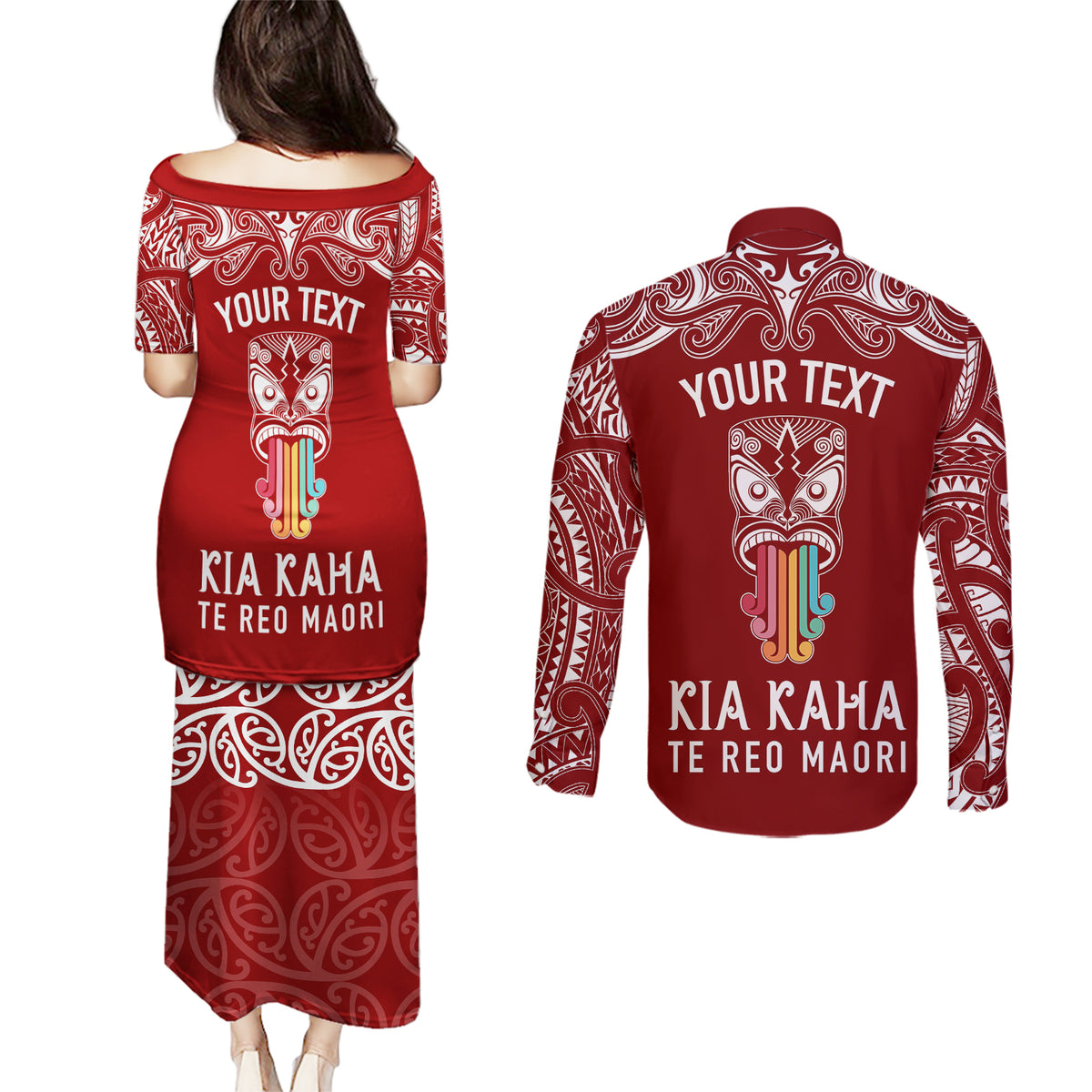 personalised-kia-kaha-te-reo-maori-couples-matching-puletasi-dress-and-long-sleeve-button-shirts-hei-tiki-mix-koru-red