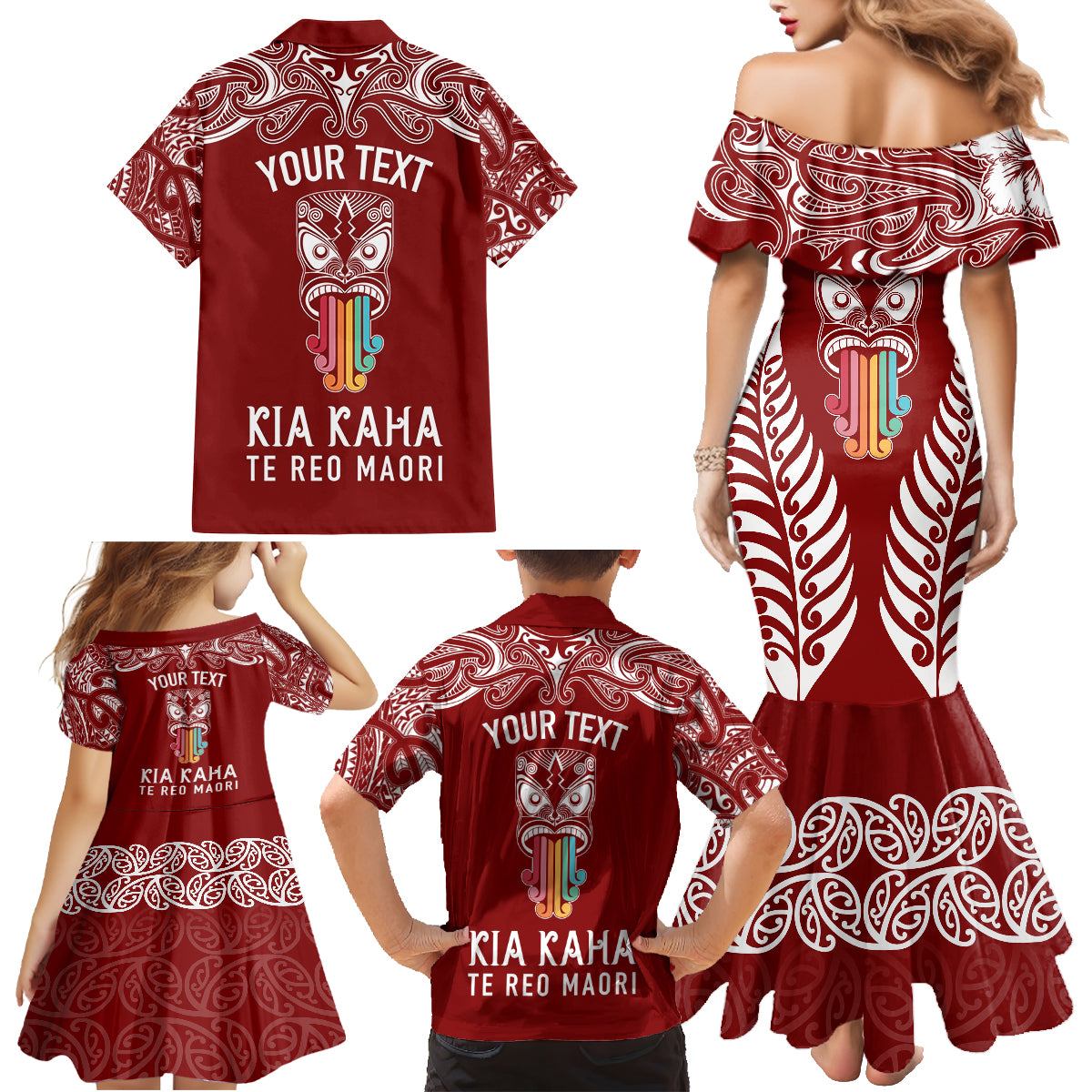 personalised-kia-kaha-te-reo-maori-family-matching-mermaid-dress-and-hawaiian-shirt-hei-tiki-mix-koru-red