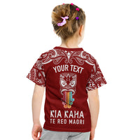 Personalised Kia Kaha Te Reo Maori Kid T Shirt Hei Tiki Mix Koru - Red LT7 - Polynesian Pride