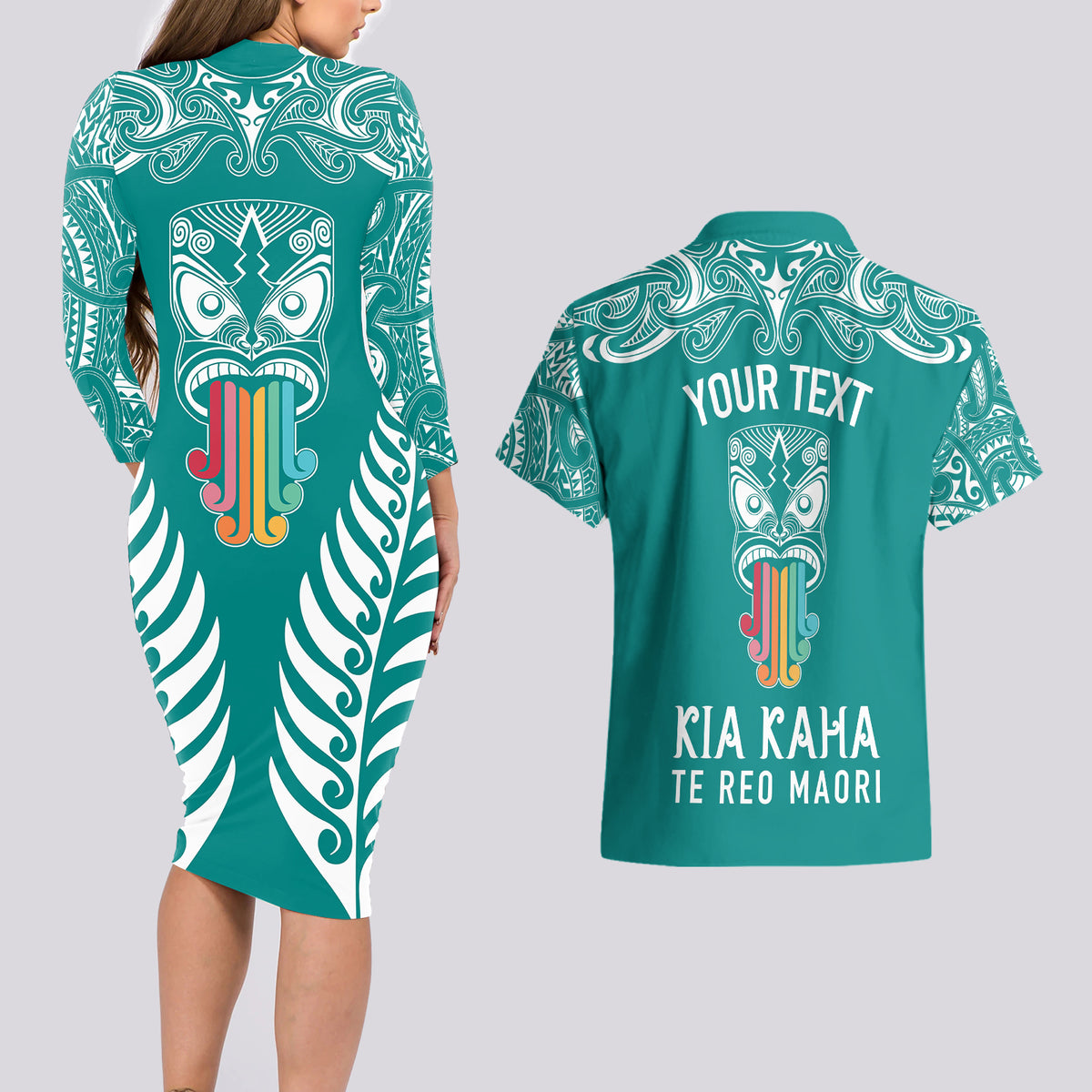 personalised-kia-kaha-te-reo-maori-couples-matching-long-sleeve-bodycon-dress-and-hawaiian-shirt-hei-tiki-mix-koru-teal