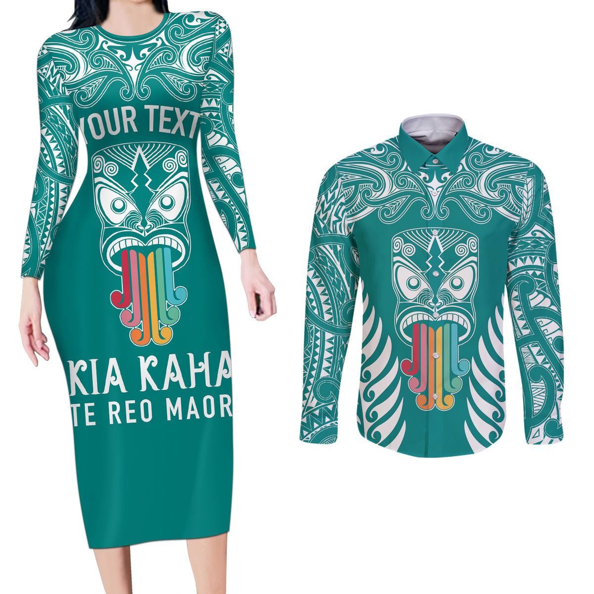 personalised-kia-kaha-te-reo-maori-couples-matching-long-sleeve-bodycon-dress-and-long-sleeve-button-shirts-hei-tiki-mix-koru-teal