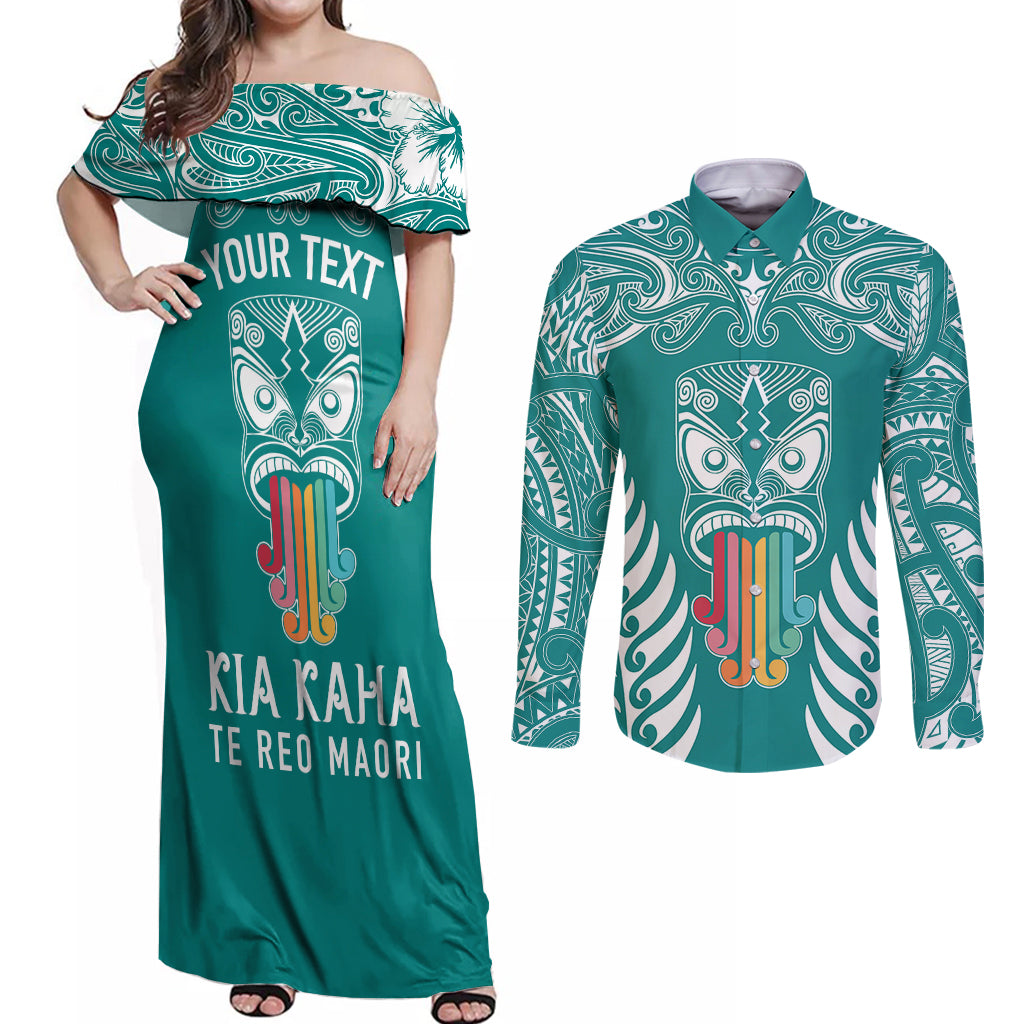personalised-kia-kaha-te-reo-maori-couples-matching-off-shoulder-maxi-dress-and-long-sleeve-button-shirts-hei-tiki-mix-koru-teal