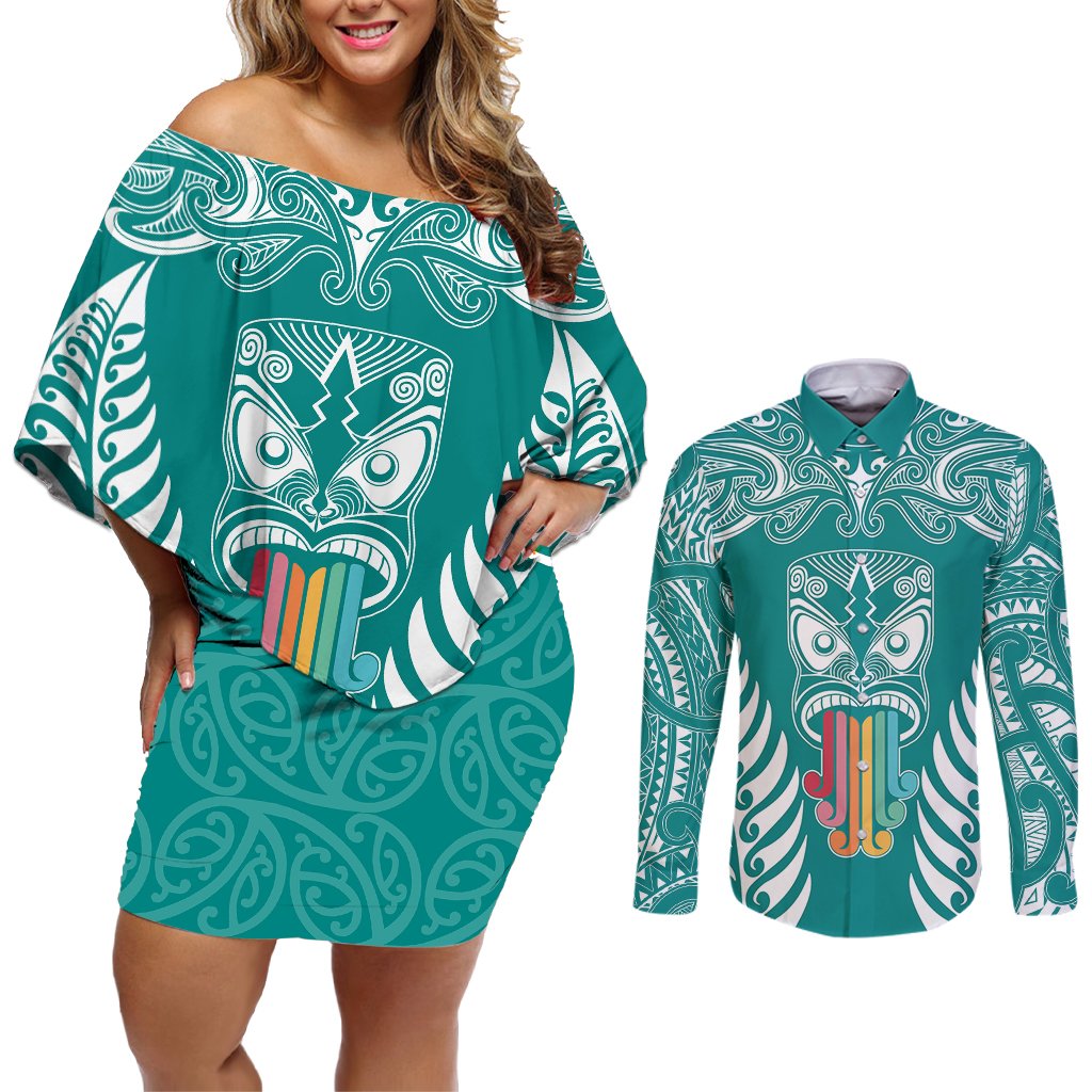 personalised-kia-kaha-te-reo-maori-couples-matching-off-shoulder-short-dress-and-long-sleeve-button-shirts-hei-tiki-mix-koru-teal