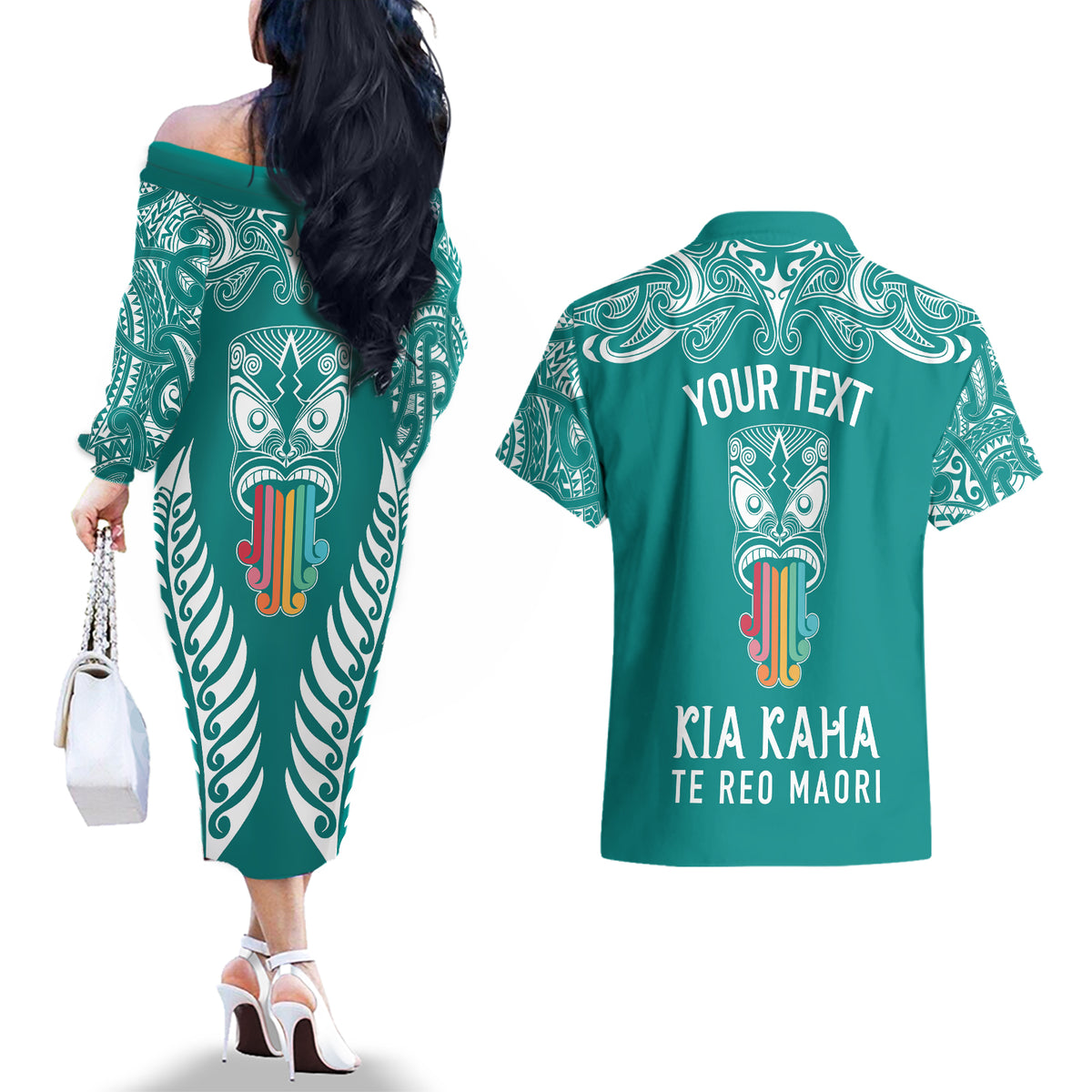 personalised-kia-kaha-te-reo-maori-couples-matching-off-the-shoulder-long-sleeve-dress-and-hawaiian-shirt-hei-tiki-mix-koru-teal