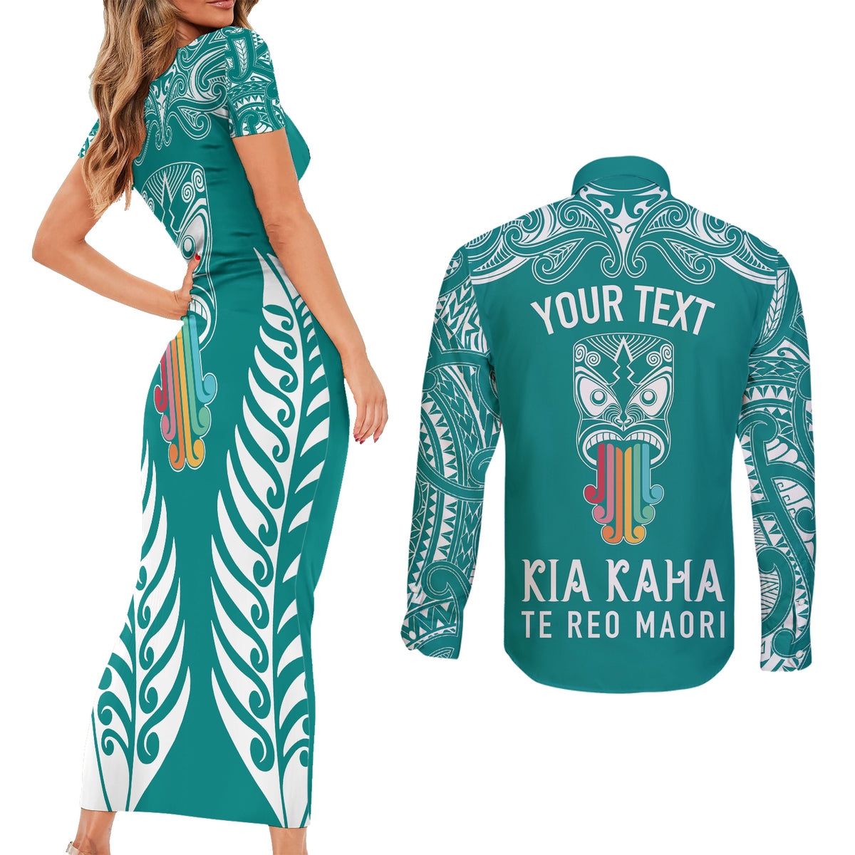 personalised-kia-kaha-te-reo-maori-couples-matching-short-sleeve-bodycon-dress-and-long-sleeve-button-shirts-hei-tiki-mix-koru-teal