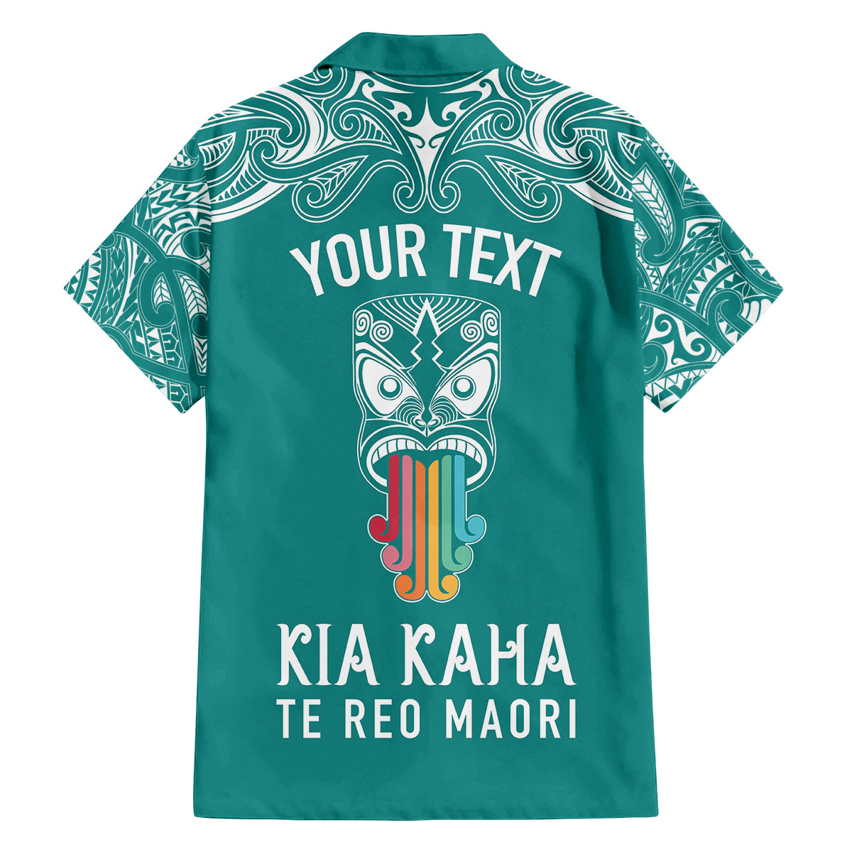 personalised-kia-kaha-te-reo-maori-kid-hawaiian-shirt-hei-tiki-mix-koru-teal