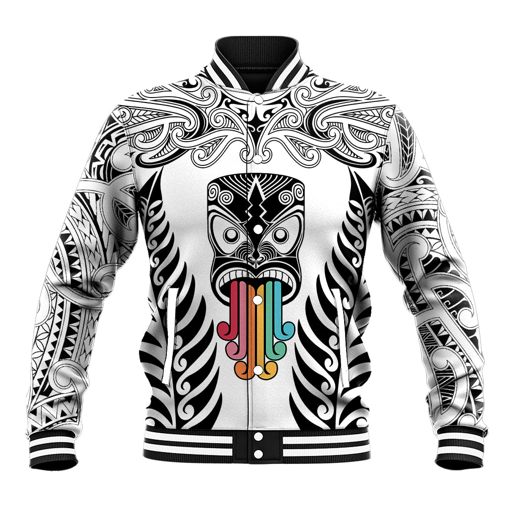 Personalised Kia Kaha Te Reo Maori Baseball Jacket Hei Tiki Mix Koru - White LT7 Unisex White - Polynesian Pride