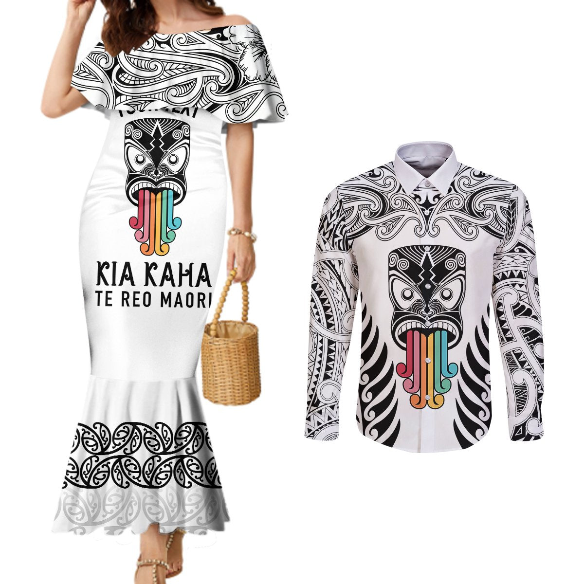 personalised-kia-kaha-te-reo-maori-couples-matching-mermaid-dress-and-long-sleeve-button-shirts-hei-tiki-mix-koru-white