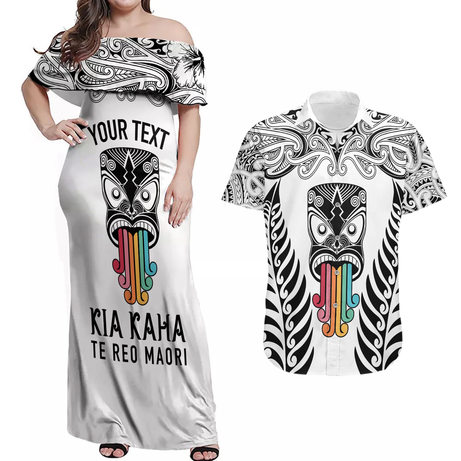 personalised-kia-kaha-te-reo-maori-couples-matching-off-shoulder-maxi-dress-and-hawaiian-shirt-hei-tiki-mix-koru-white