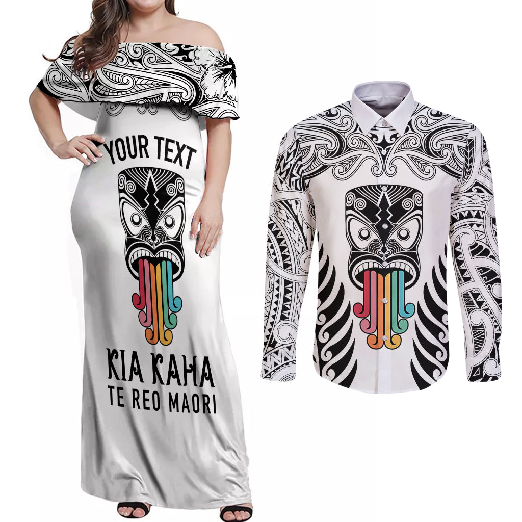 personalised-kia-kaha-te-reo-maori-couples-matching-off-shoulder-maxi-dress-and-long-sleeve-button-shirts-hei-tiki-mix-koru-white