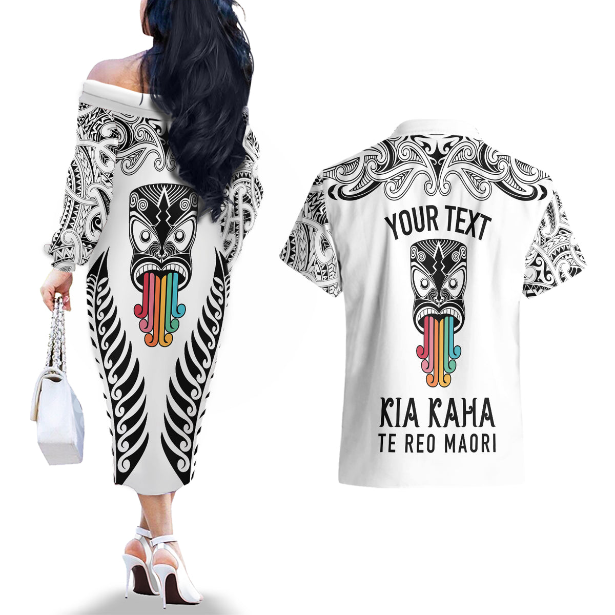 personalised-kia-kaha-te-reo-maori-couples-matching-off-the-shoulder-long-sleeve-dress-and-hawaiian-shirt-hei-tiki-mix-koru-white