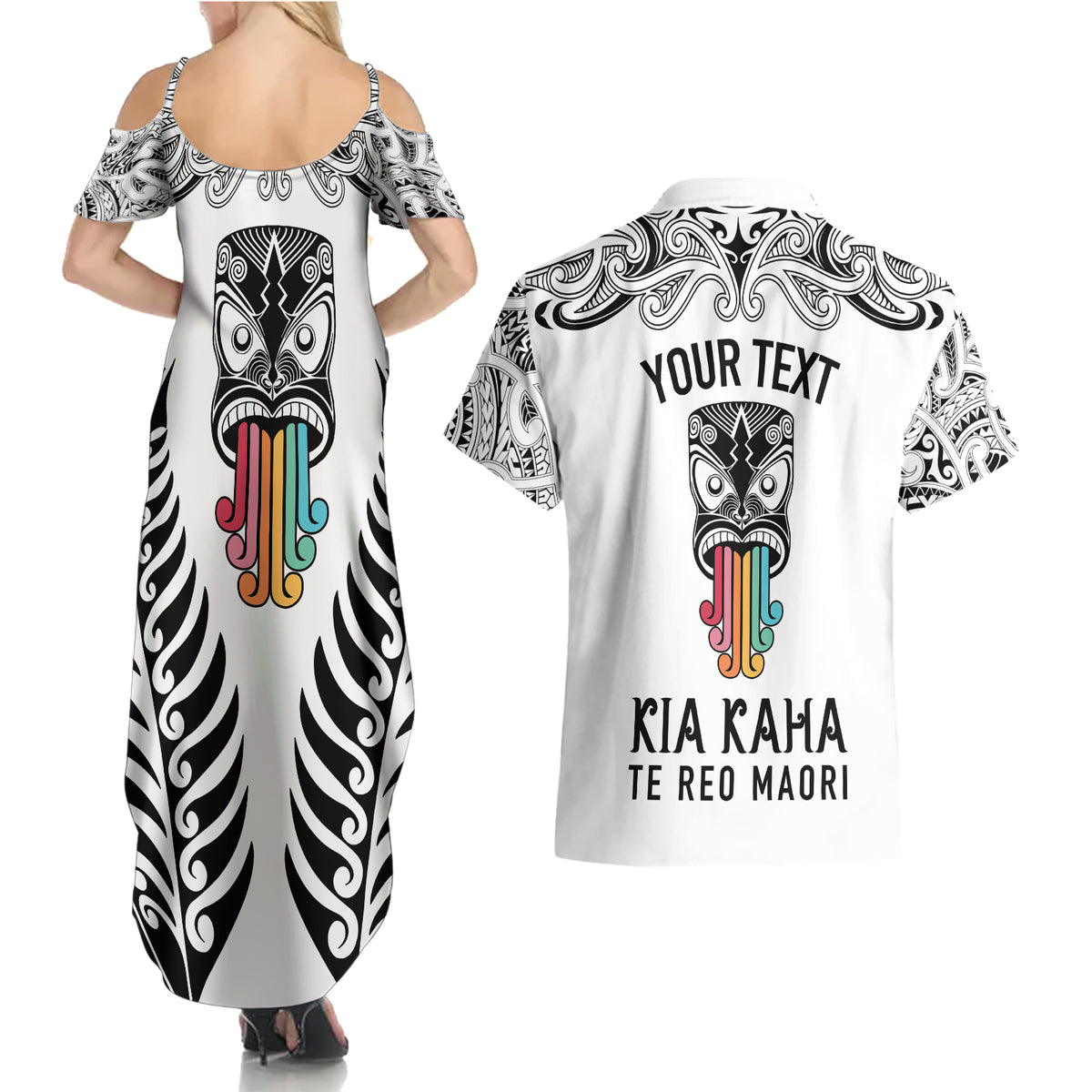 personalised-kia-kaha-te-reo-maori-couples-matching-summer-maxi-dress-and-hawaiian-shirt-hei-tiki-mix-koru-white
