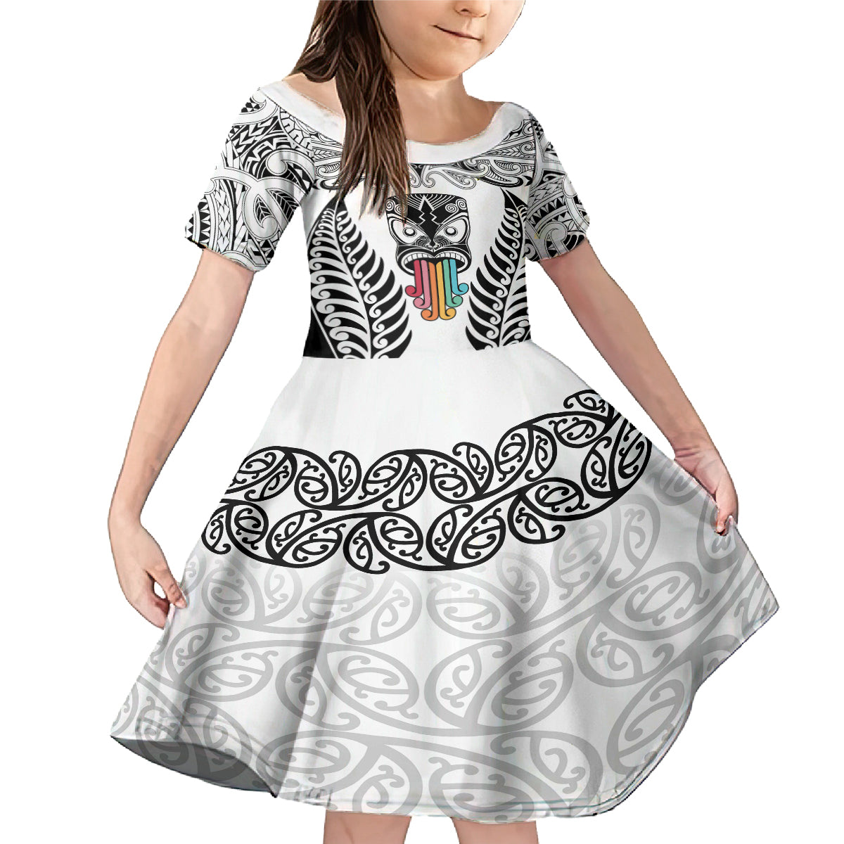 personalised-kia-kaha-te-reo-maori-family-matching-mermaid-dress-and-hawaiian-shirt-hei-tiki-mix-koru-white