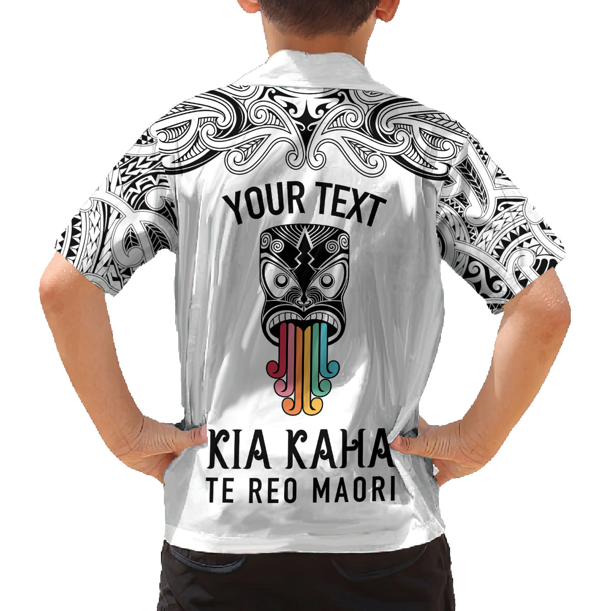 personalised-kia-kaha-te-reo-maori-family-matching-off-shoulder-long-sleeve-dress-and-hawaiian-shirt-hei-tiki-mix-koru-white