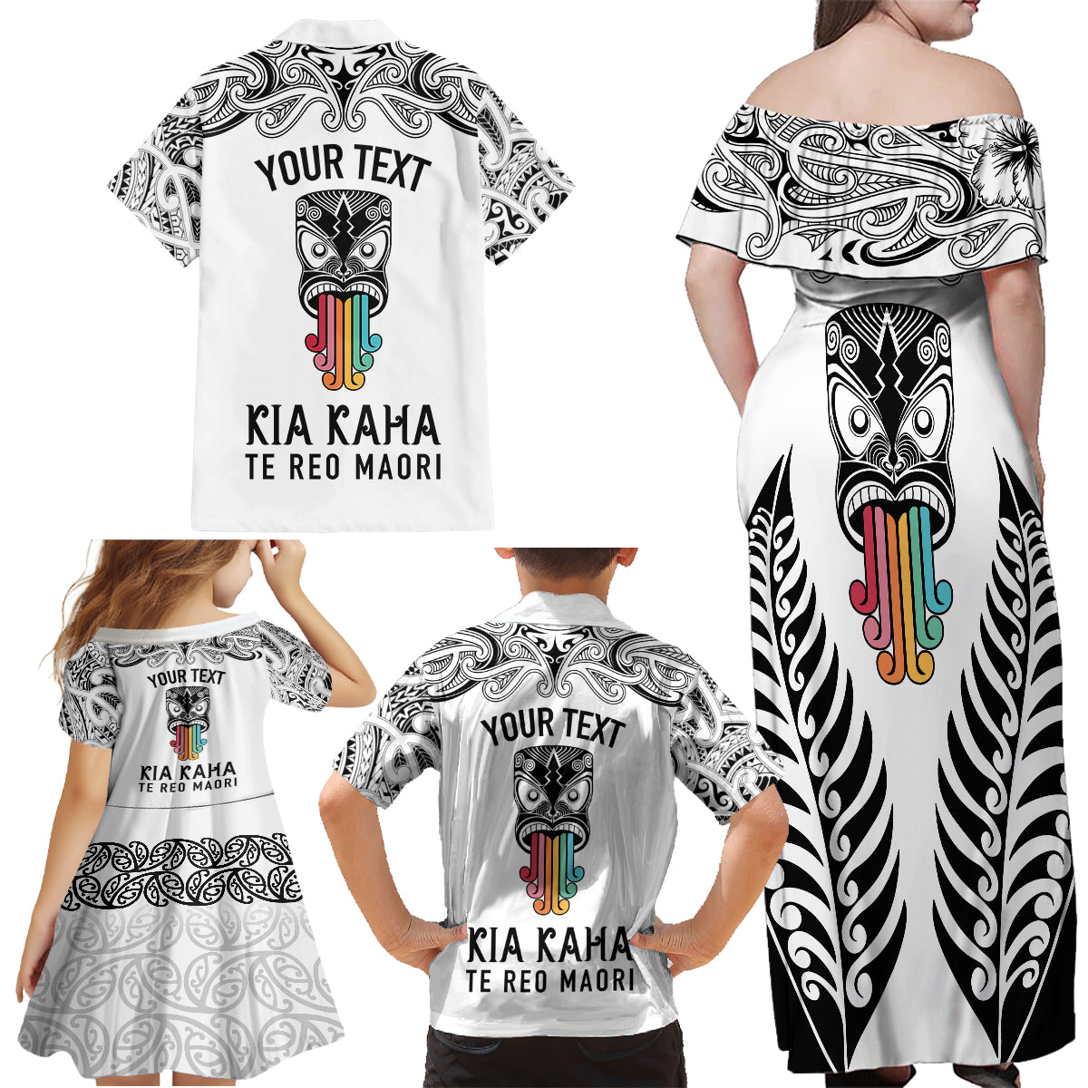 personalised-kia-kaha-te-reo-maori-family-matching-off-shoulder-maxi-dress-and-hawaiian-shirt-hei-tiki-mix-koru-white