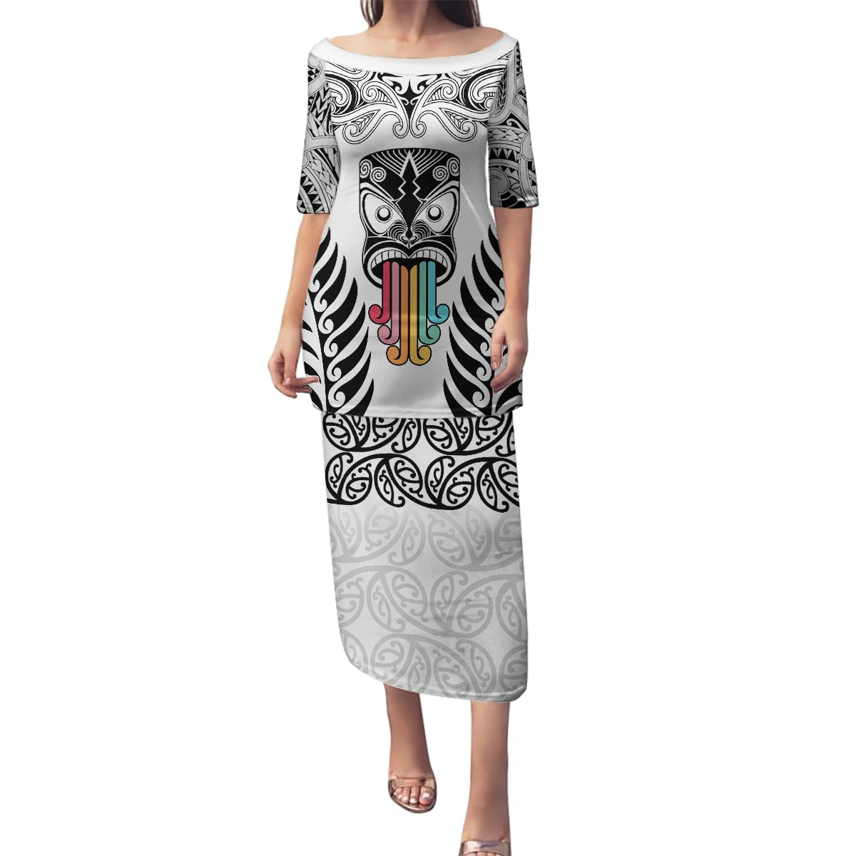 Personalised Kia Kaha Te Reo Maori Family Matching Puletasi Dress and Hawaiian Shirt Hei Tiki Mix Koru - White LT7 Mom's Dress White - Polynesian Pride