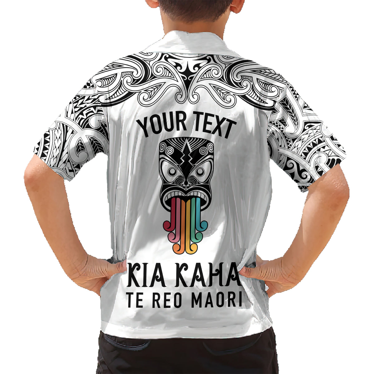 personalised-kia-kaha-te-reo-maori-family-matching-short-sleeve-bodycon-dress-and-hawaiian-shirt-hei-tiki-mix-koru-white