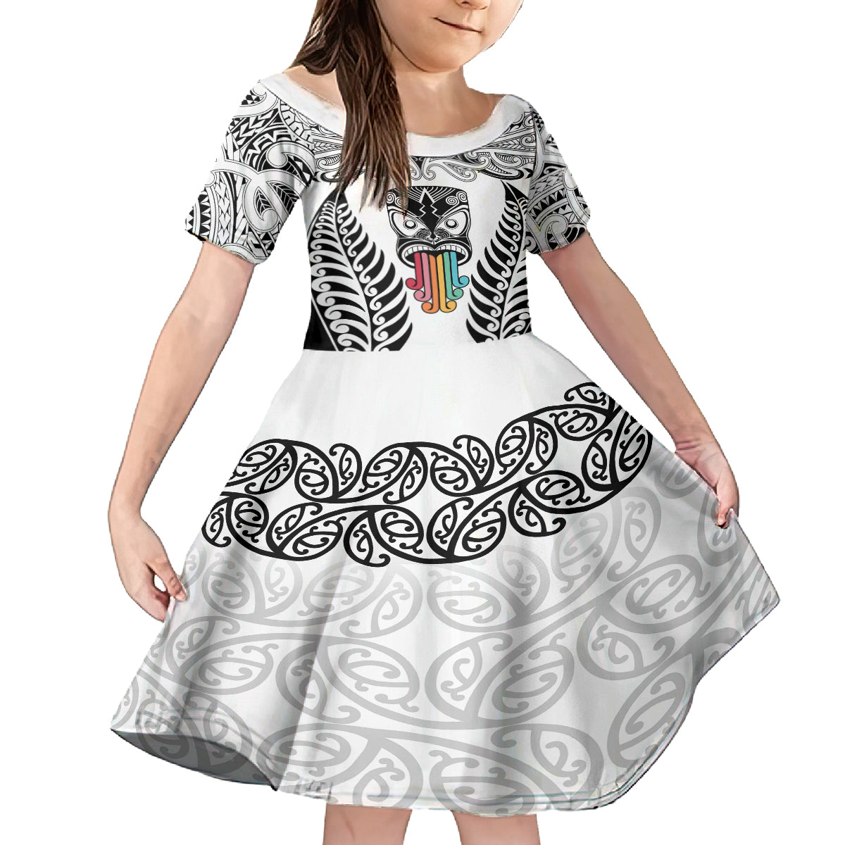 Personalised Kia Kaha Te Reo Maori Kid Short Sleeve Dress Hei Tiki Mix Koru - White LT7 KID White - Polynesian Pride