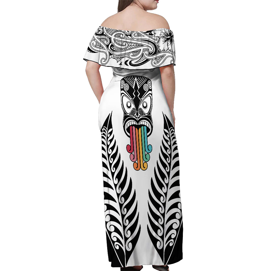 Personalised Kia Kaha Te Reo Maori Off Shoulder Maxi Dress Hei Tiki Mix Koru - White LT7 - Polynesian Pride