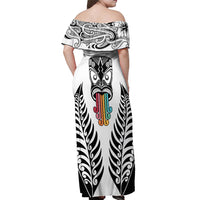 Personalised Kia Kaha Te Reo Maori Off Shoulder Maxi Dress Hei Tiki Mix Koru - White LT7 - Polynesian Pride
