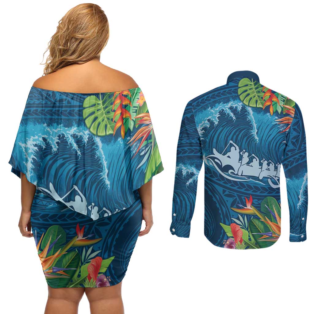 Outrigger Canoe Blue Couples Matching Off Shoulder Short Dress and Long Sleeve Button Shirt On The Waves LT7 - Polynesian Pride