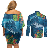 Outrigger Canoe Blue Couples Matching Off Shoulder Short Dress and Long Sleeve Button Shirt On The Waves LT7 - Polynesian Pride