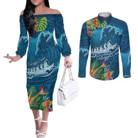 Outrigger Canoe Blue Couples Matching Off The Shoulder Long Sleeve Dress and Long Sleeve Button Shirt On The Waves LT7 Blue - Polynesian Pride