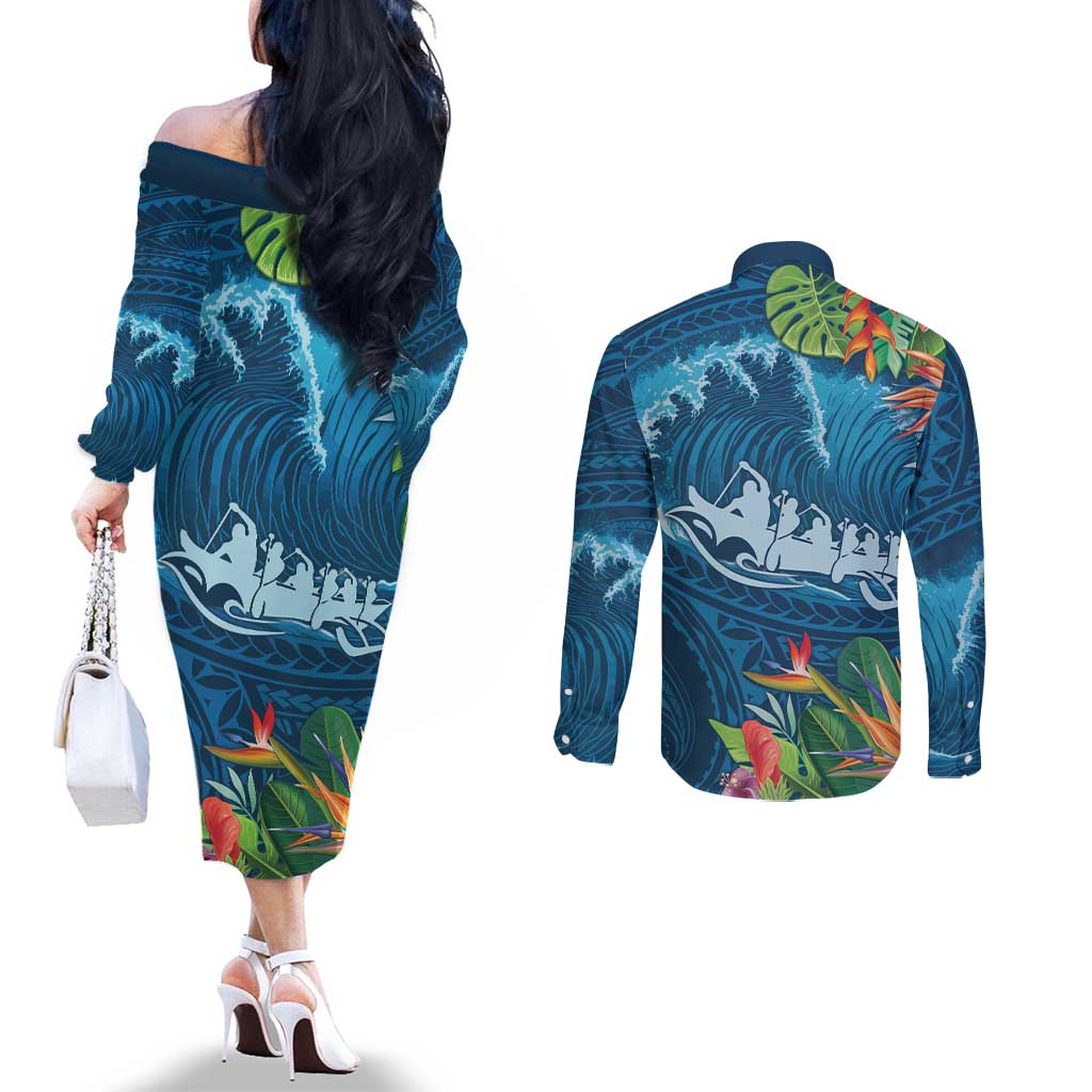 Outrigger Canoe Blue Couples Matching Off The Shoulder Long Sleeve Dress and Long Sleeve Button Shirt On The Waves LT7 - Polynesian Pride