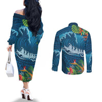 Outrigger Canoe Blue Couples Matching Off The Shoulder Long Sleeve Dress and Long Sleeve Button Shirt On The Waves LT7 - Polynesian Pride
