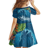 Outrigger Canoe Blue Family Matching Long Sleeve Bodycon Dress and Hawaiian Shirt On The Waves