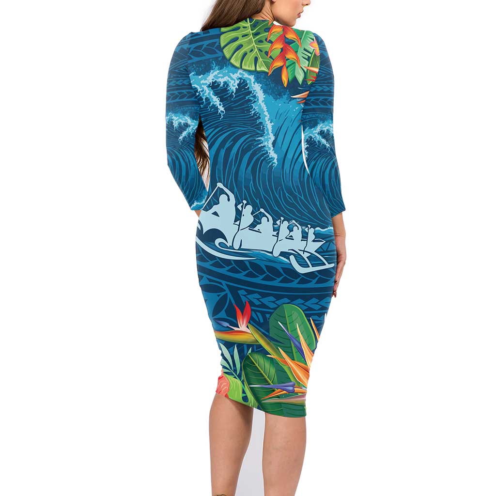 Outrigger Canoe Blue Family Matching Long Sleeve Bodycon Dress and Hawaiian Shirt On The Waves
